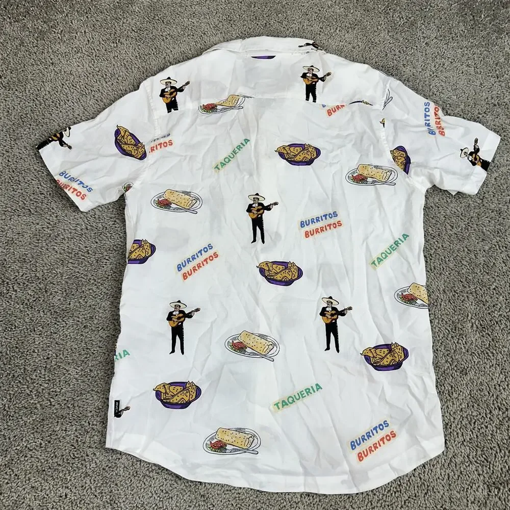 RVCA Hot Fudge Shirt Mens Large White Burritos Taqueria Short Sleeve Button Up - Picture 9 of 13